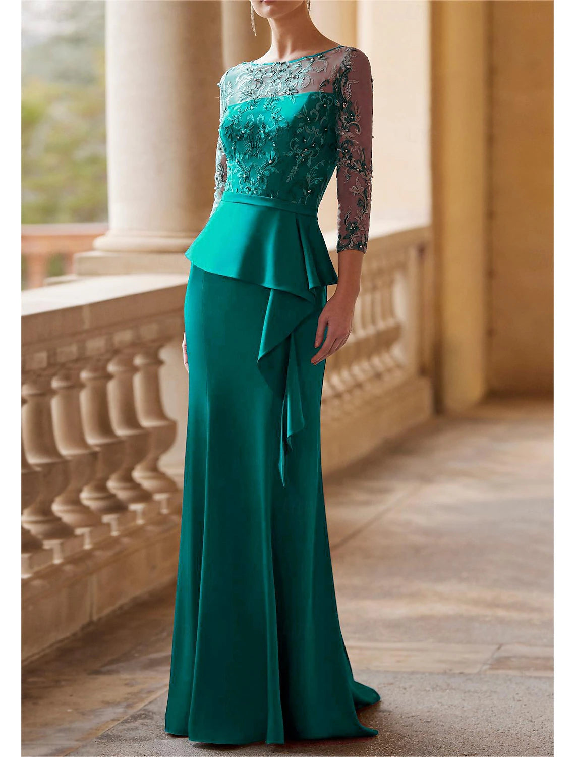 Buyishang Mermaid Mother of the Bride Dress Elegant Vintage Party Illusion Neck Jewel Neck Floor Length Lace Stretch Fabric 3/4 Length Sleeve Half Sleeve with Sash / Ribbon Ruched Beading